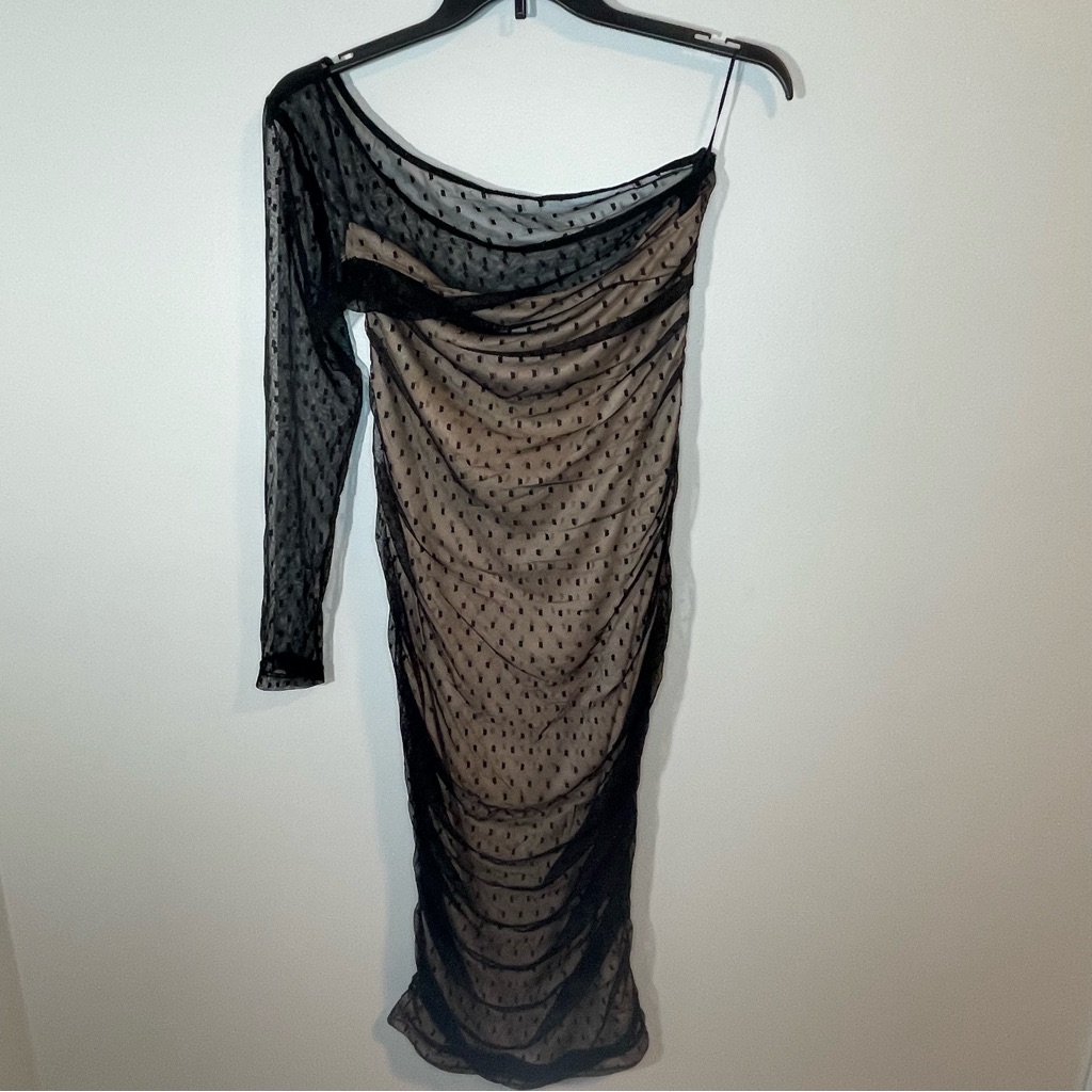 Area Stars Dot One Shoulder Midi Cocktail Dress Black M